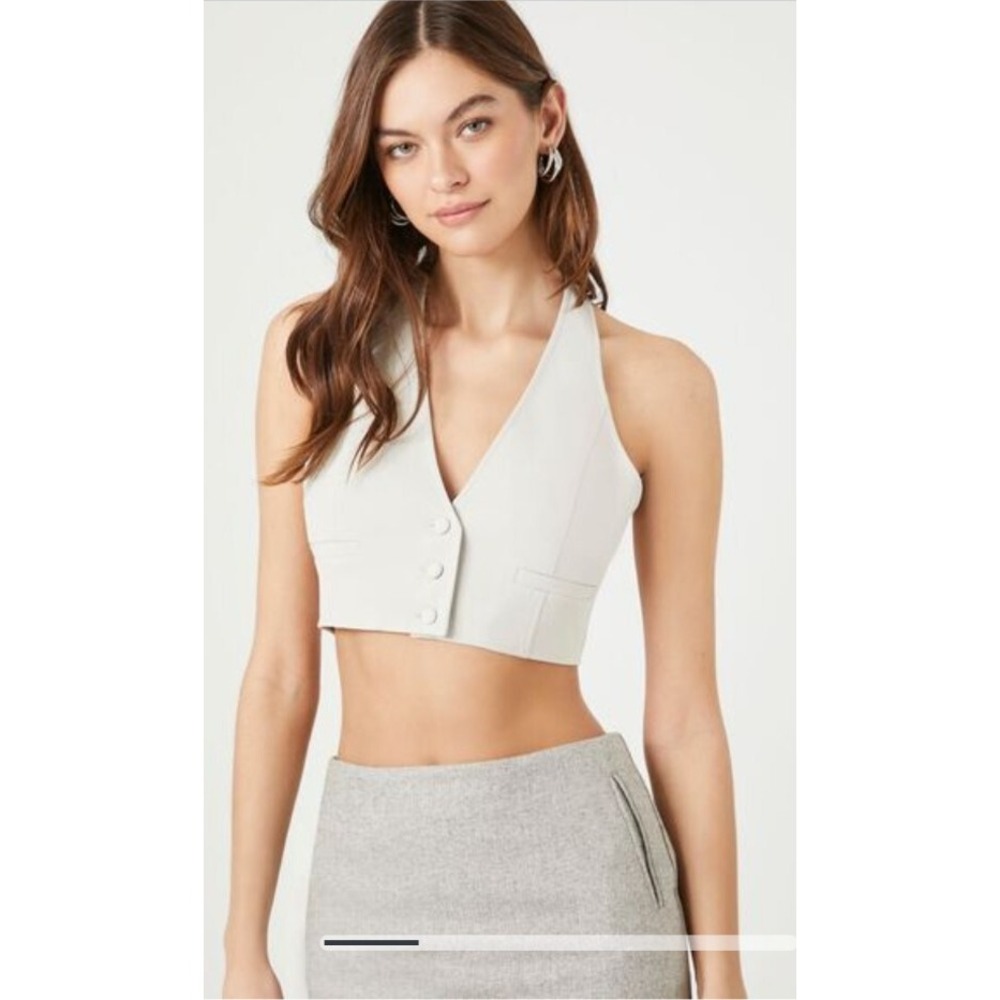 Forever 21 Plunging Halter Crop Top Vest Beige Tan Sexy Button Sz. XL‎ NWT